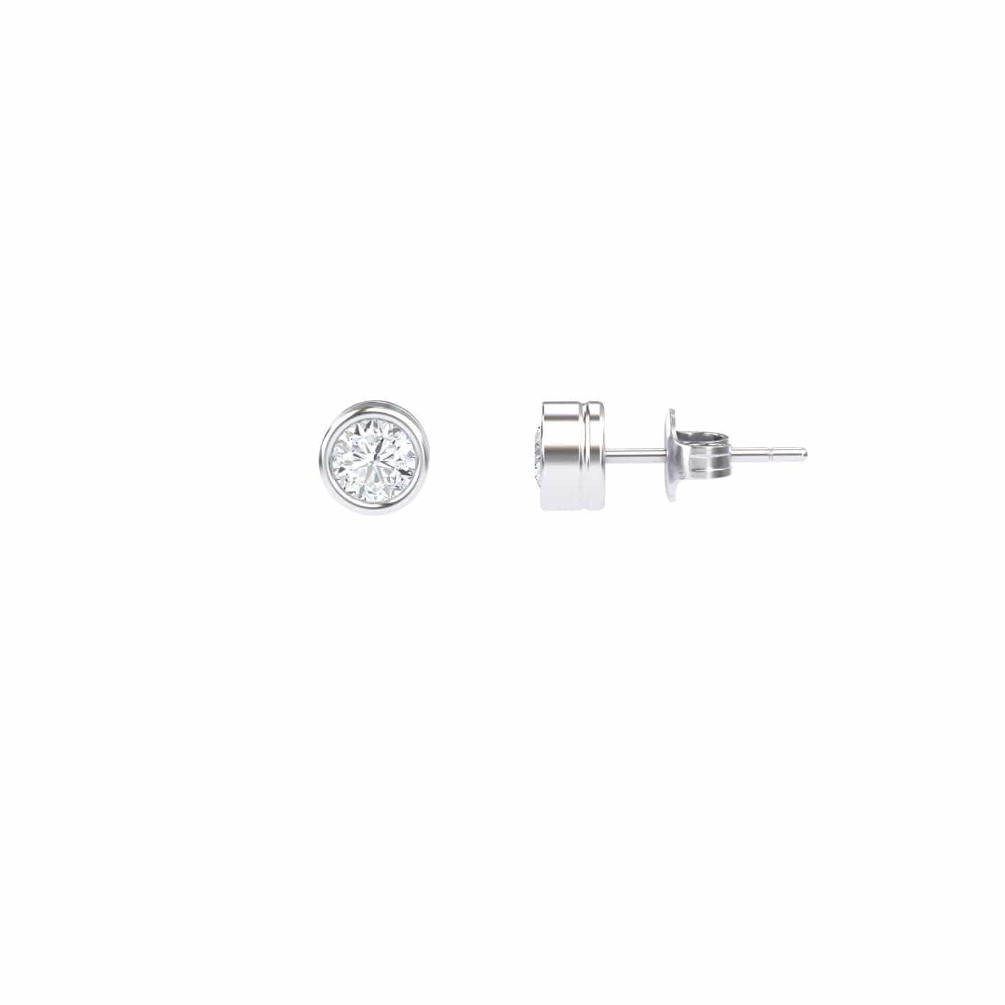 Lab Diamond Earrings - Bezel Set - Ishanvi: A pair of round, bezel-set lab diamond stud earrings with silver posts, displayed from the front and side on a plain white background.