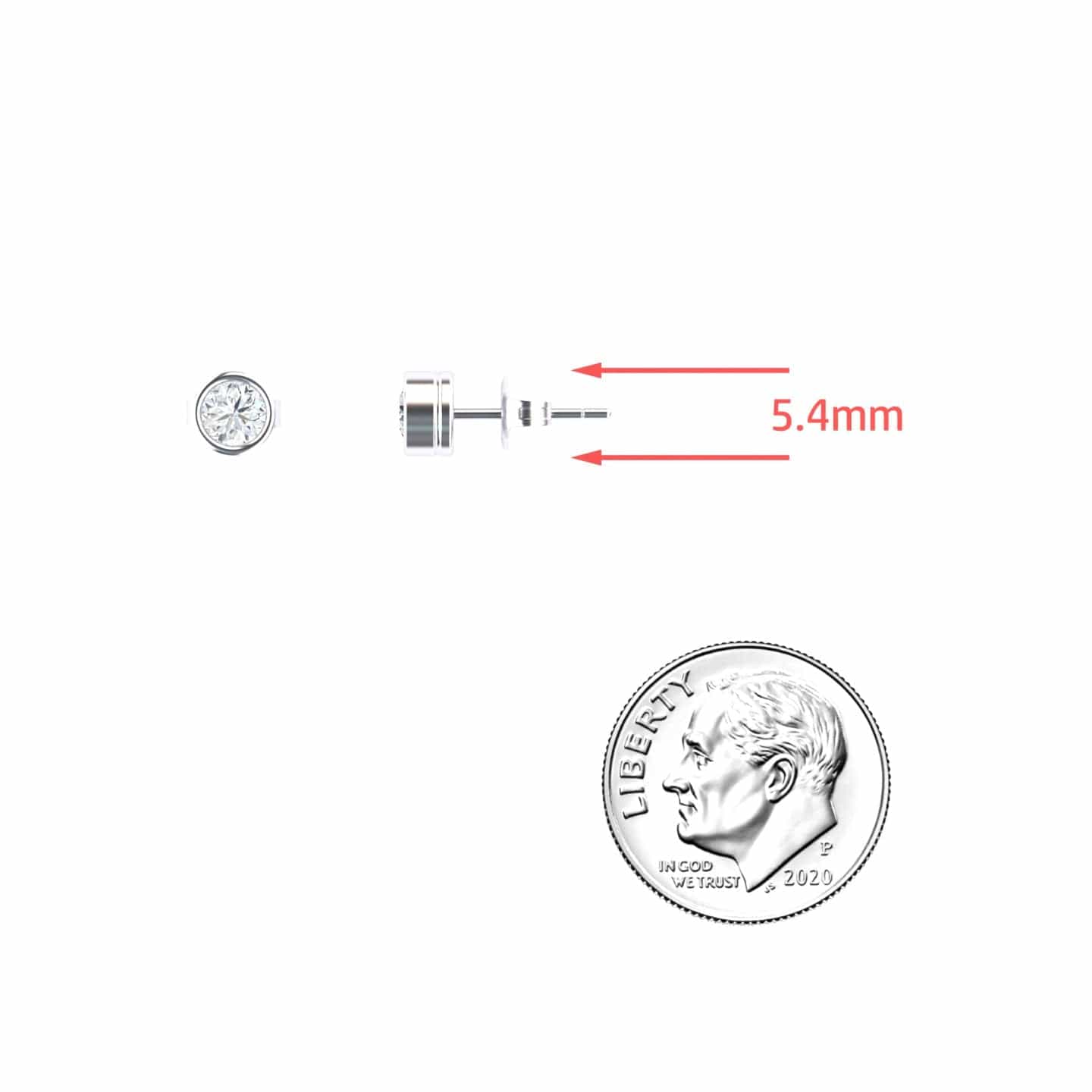 The Lab Diamond Earrings - Bezel Set - Ishanvi are shown disassembled with labeled arrows indicating a length of 5.4mm, with a U.S. dime beneath for size comparison.