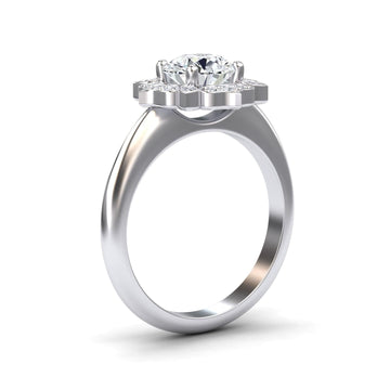 White Diamond Floral Halo Milgrain Petal-Inspired Accented Engagement Ring - Mulan