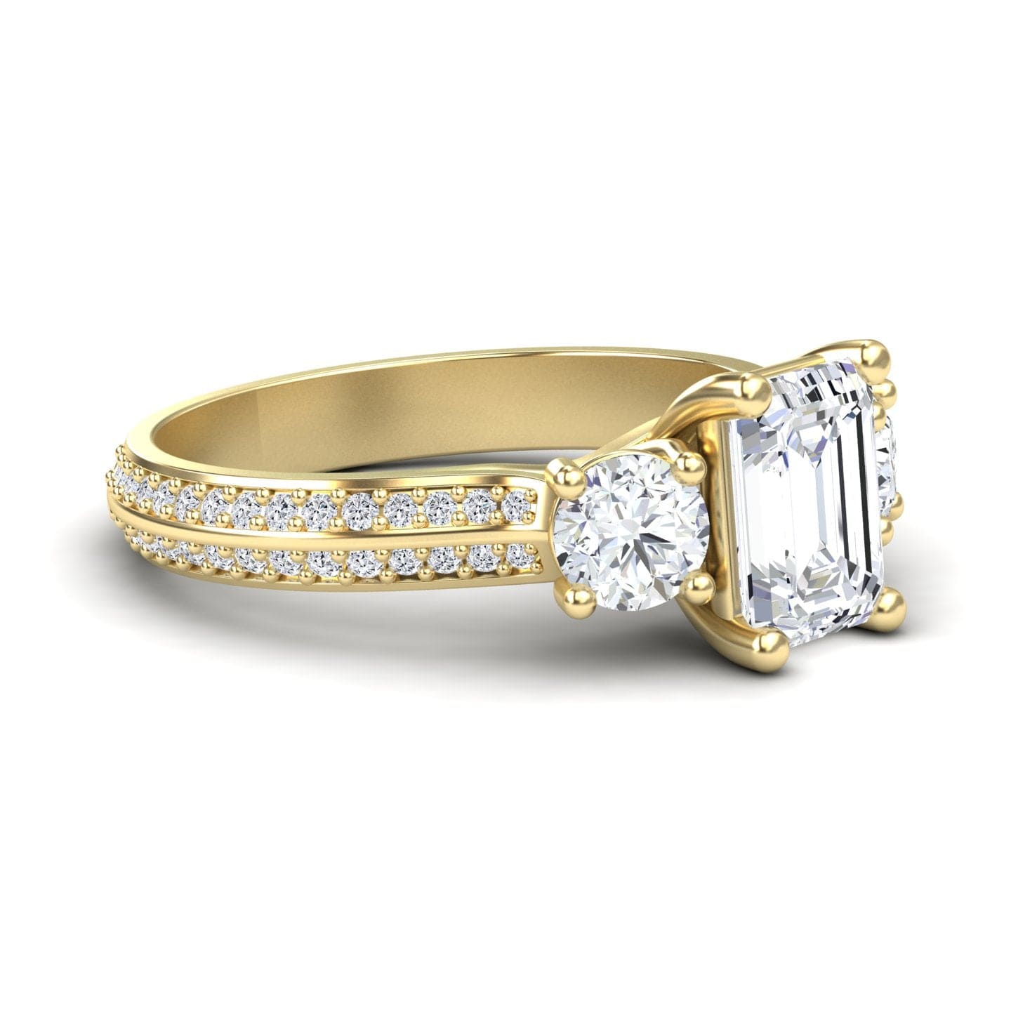 White Diamond Three-Stone Double Row Pave-Set Band Engagement Ring - Brianna