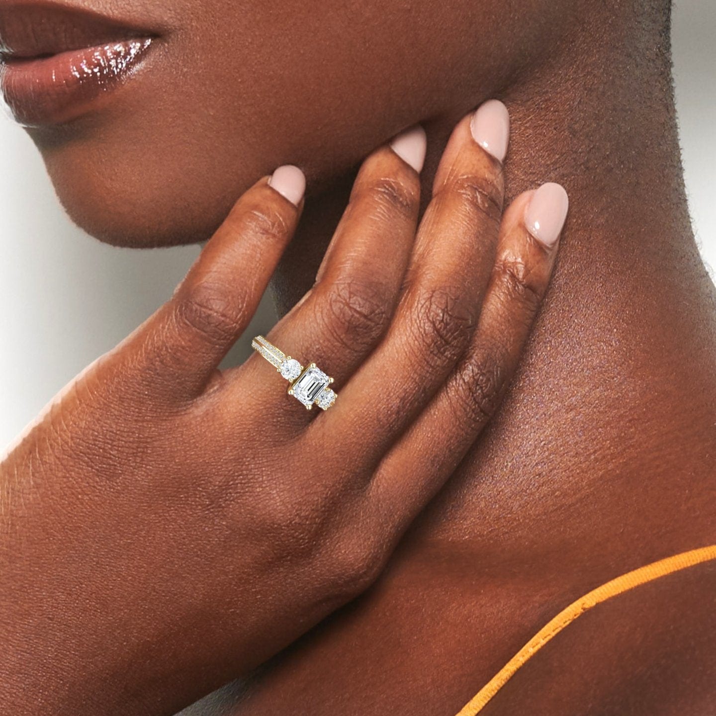 White Diamond Three-Stone Double Row Pave-Set Band Engagement Ring - Brianna