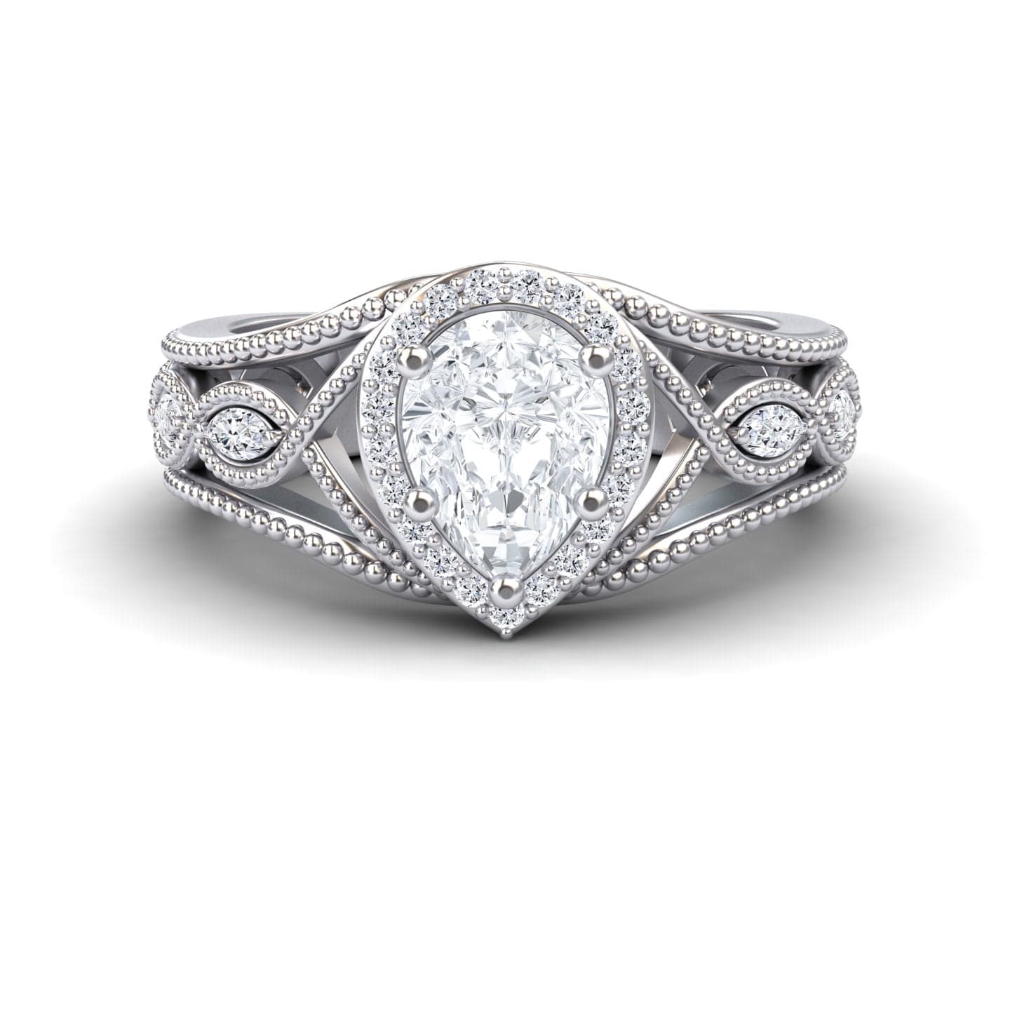 White Diamond Vintage-Inspired Halo Milgrain Marquise Accented Engagement Ring - Angela