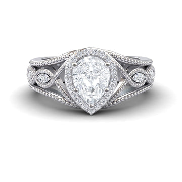 White Diamond Vintage-Inspired Halo Milgrain Marquise Accented Engagement Ring - Angela