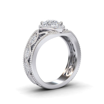 White Diamond Vintage-Inspired Halo Milgrain Marquise Accented Engagement Ring - Angela