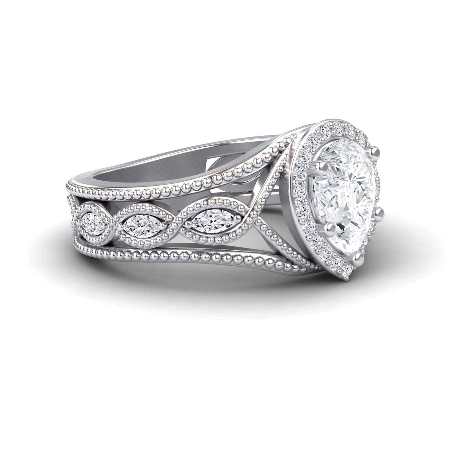 White Diamond Vintage-Inspired Halo Milgrain Marquise Accented Engagement Ring - Angela