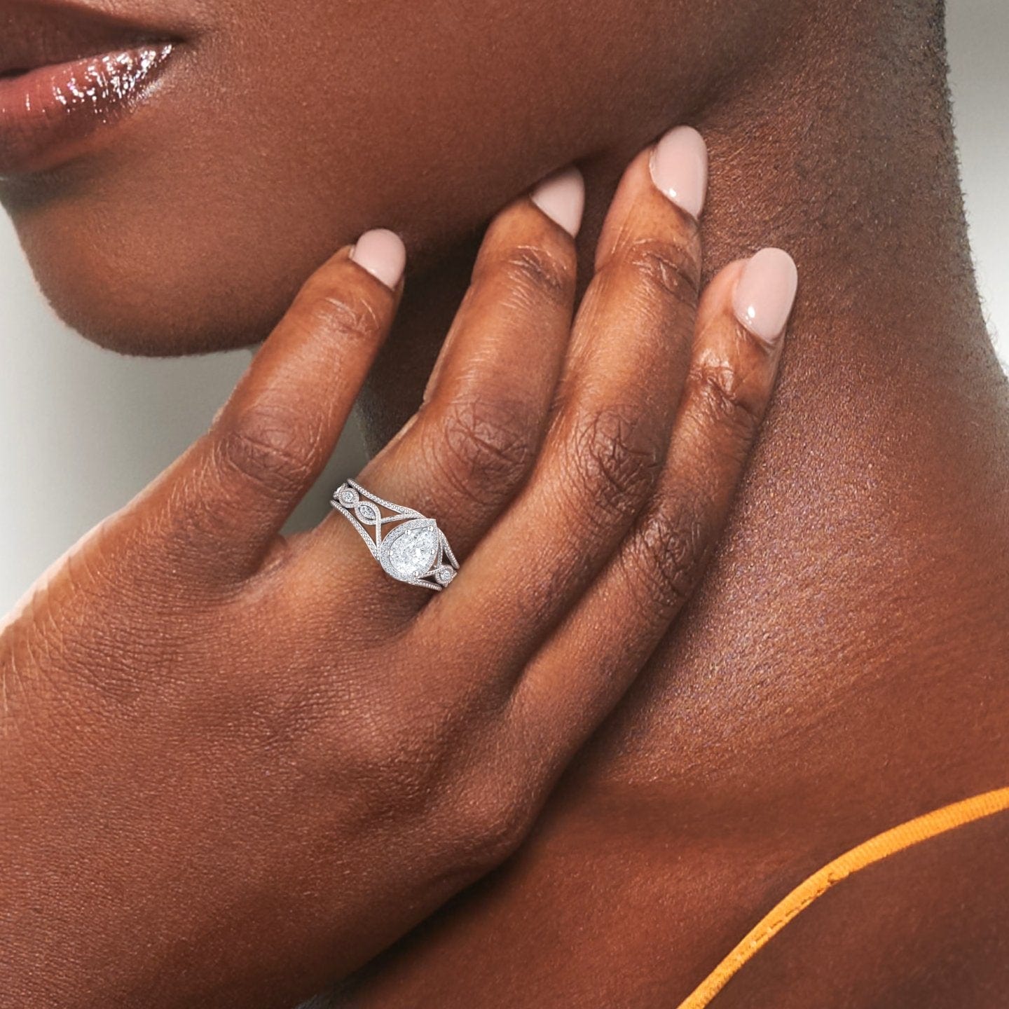 White Diamond Vintage-Inspired Halo Milgrain Marquise Accented Engagement Ring - Angela