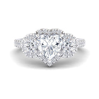 White Diamond Pave Band Three Stone Halo Engagement Ring - Yiran