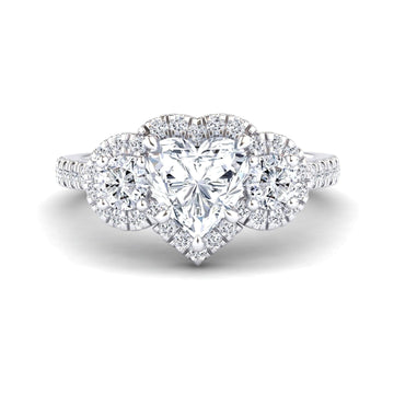 White Diamond Pave Band Three Stone Halo Engagement Ring - Yiran