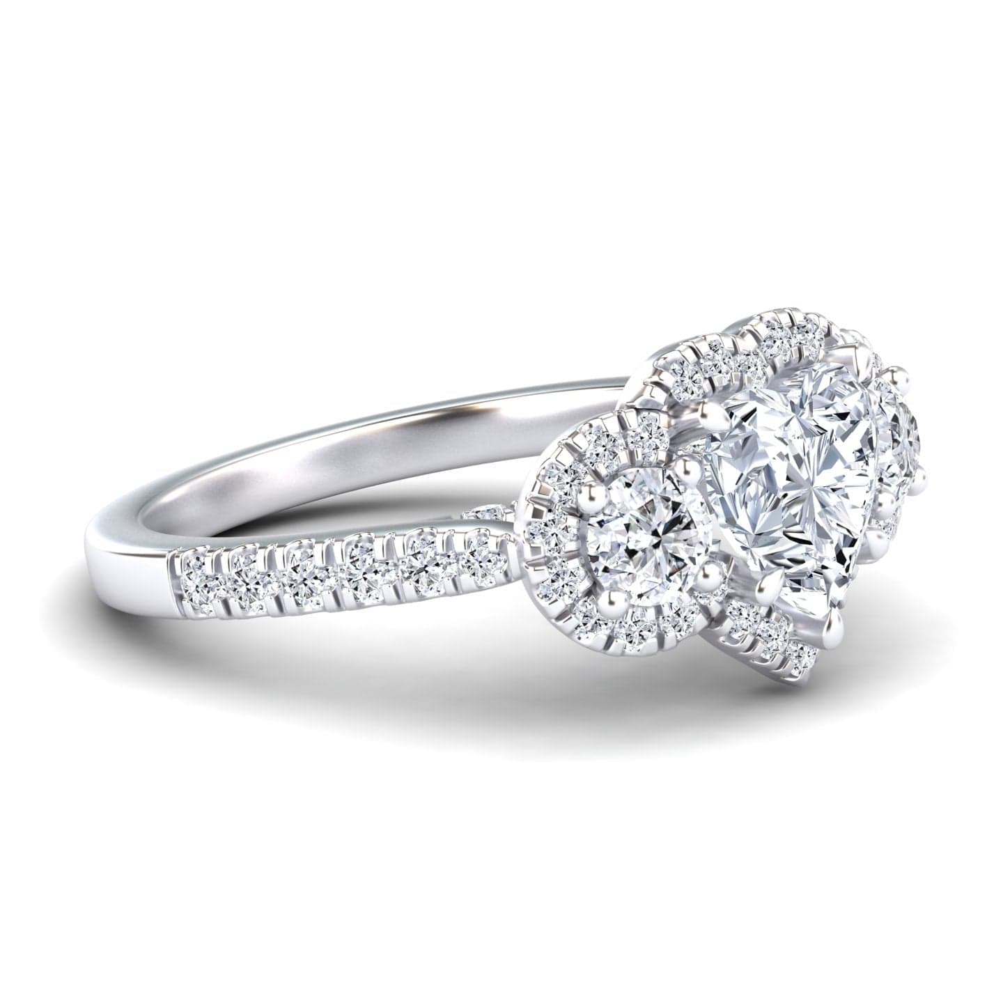 White Diamond Pave Band Three Stone Halo Engagement Ring - Yiran