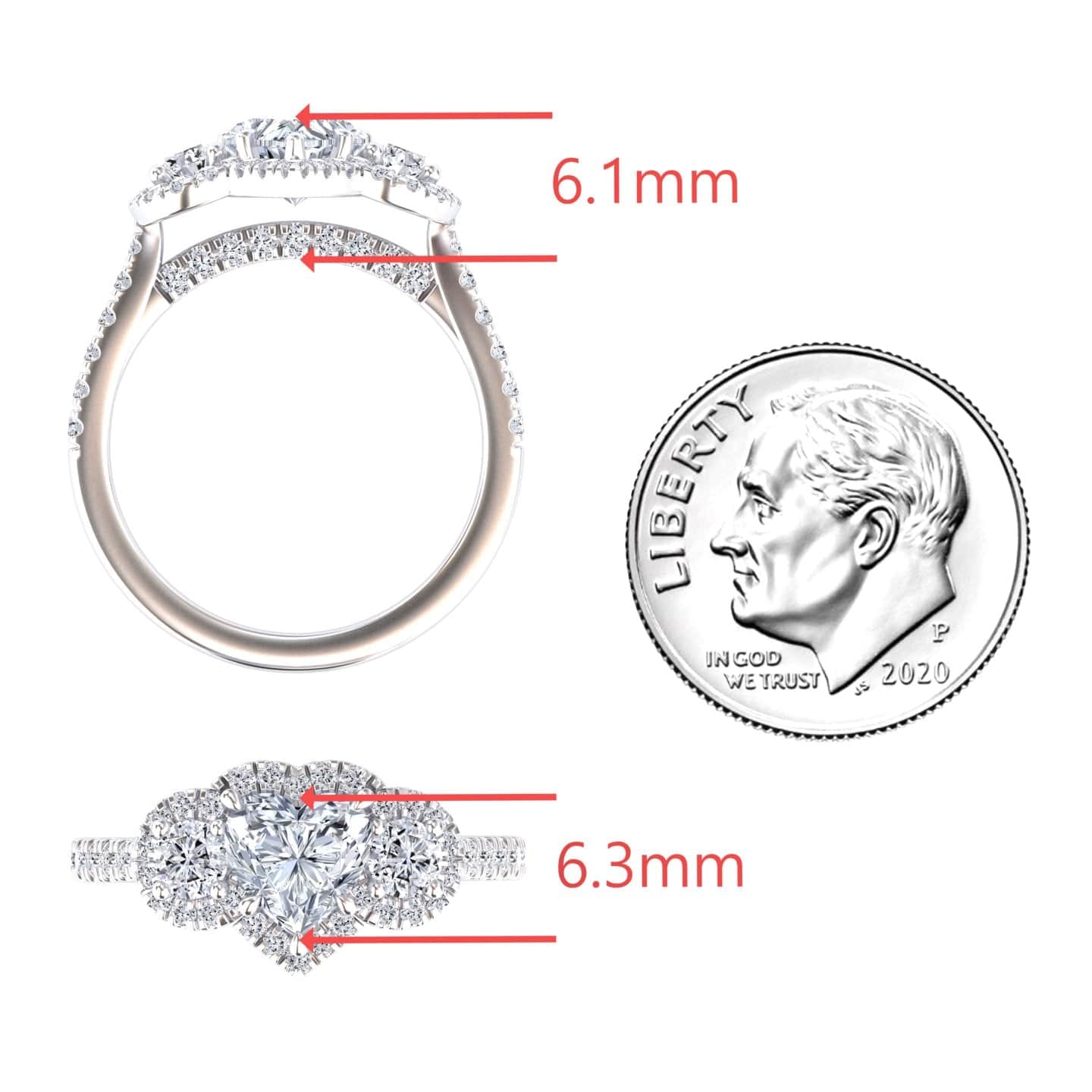White Diamond Pave Band Three Stone Halo Engagement Ring - Yiran