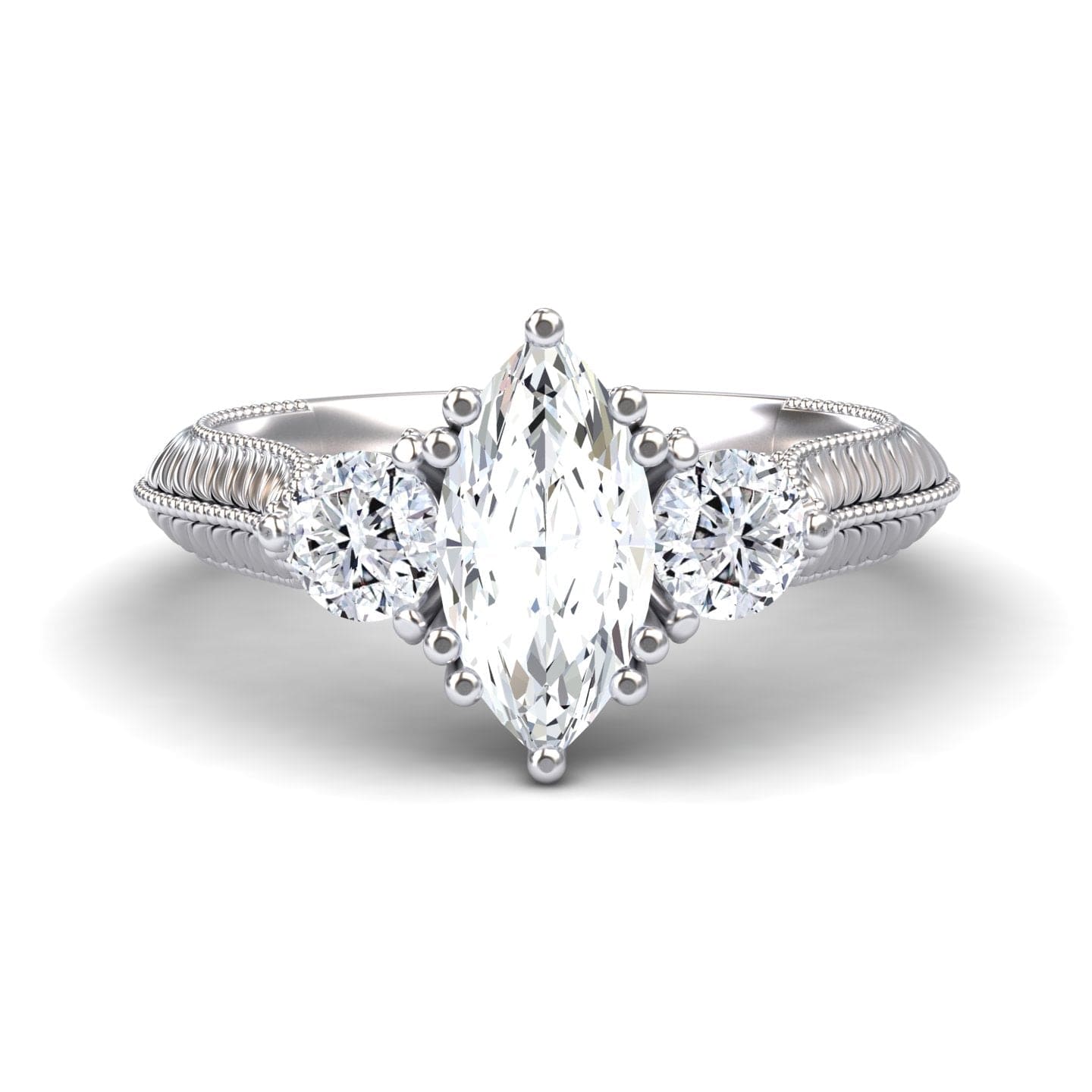 White Diamond Vintage Three-Stone Milgrain Engagement Ring - Kathryn