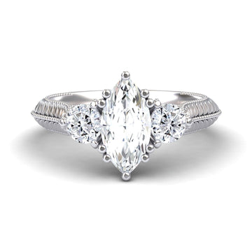 White Diamond Vintage Three-Stone Milgrain Engagement Ring - Kathryn