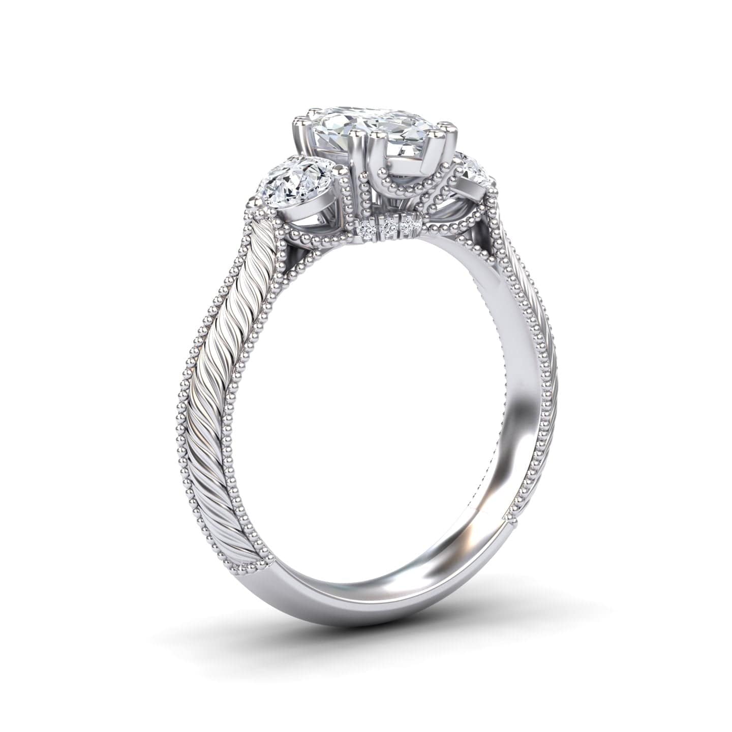 White Diamond Vintage Three-Stone Milgrain Engagement Ring - Kathryn