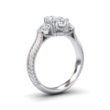 White Diamond Vintage Three-Stone Milgrain Engagement Ring - Kathryn
