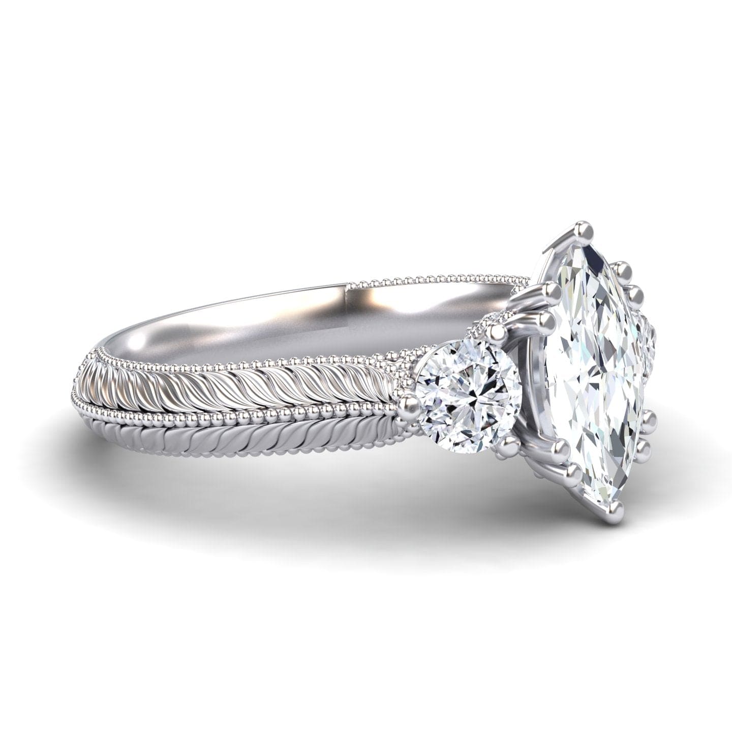 White Diamond Vintage Three-Stone Milgrain Engagement Ring - Kathryn