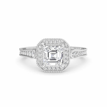 White Diamond Vintage Milgrain Halo Engagement Ring - Fallon