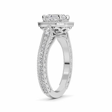 White Diamond Vintage Milgrain Halo Engagement Ring - Fallon
