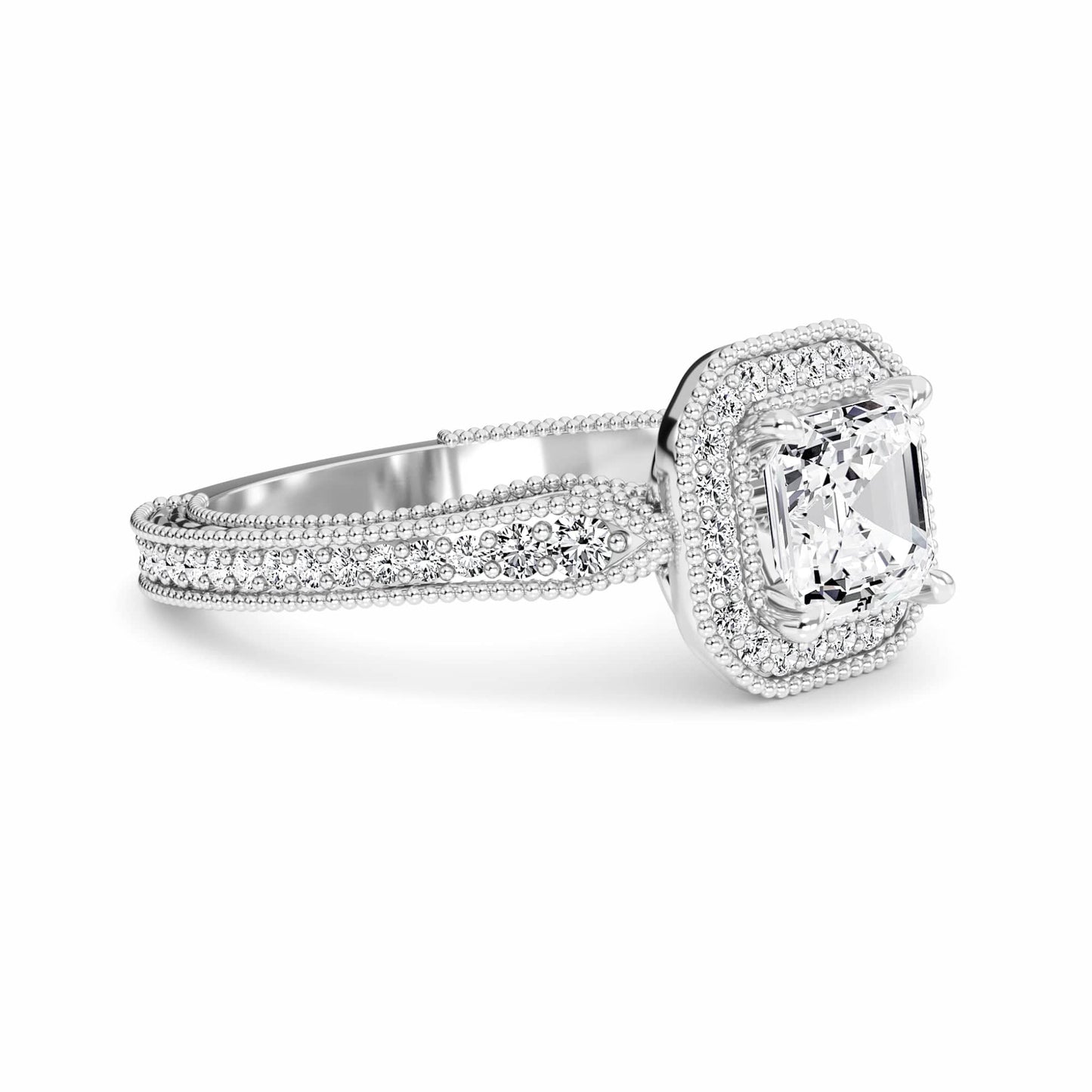 White Diamond Vintage Milgrain Halo Engagement Ring - Fallon