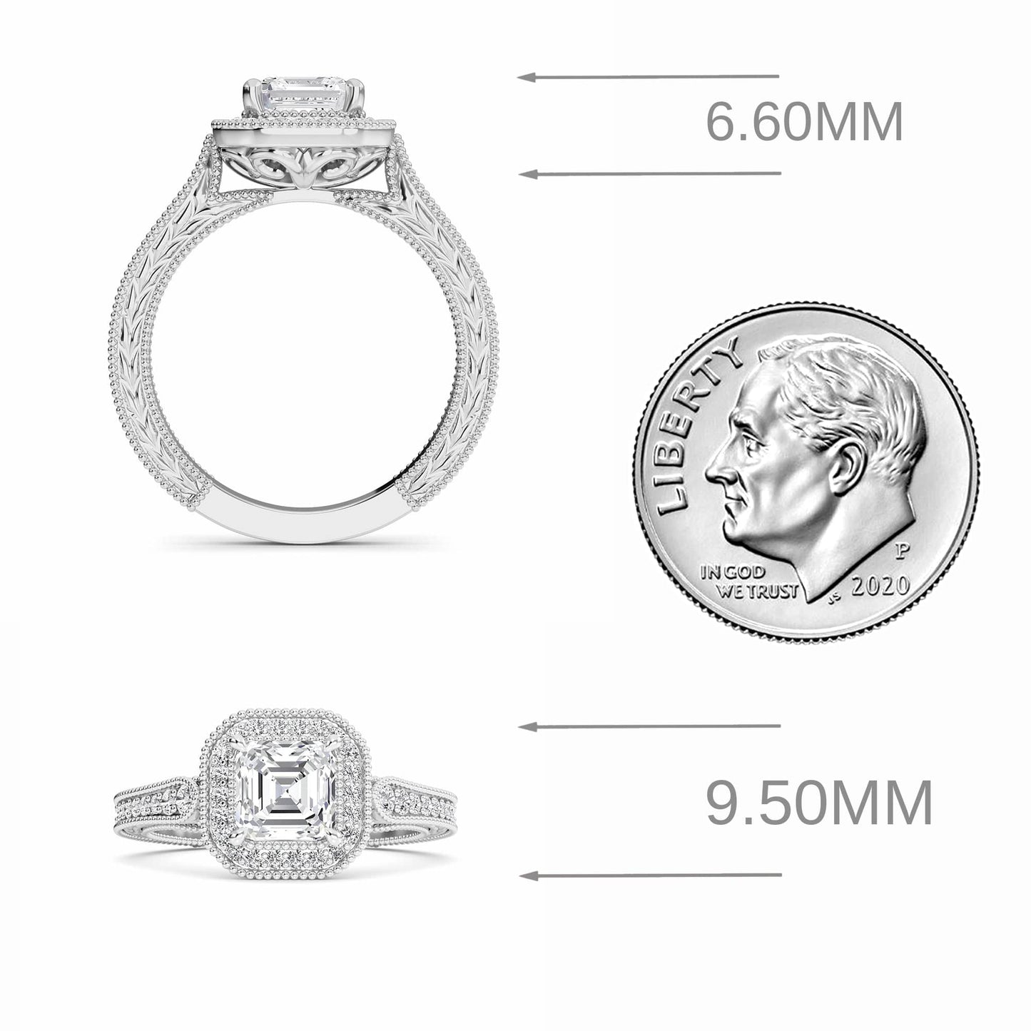 White Diamond Vintage Milgrain Halo Engagement Ring - Fallon