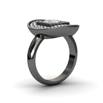 White Diamond Oval Bezel Pave Cocktail Engagement Ring - Leah