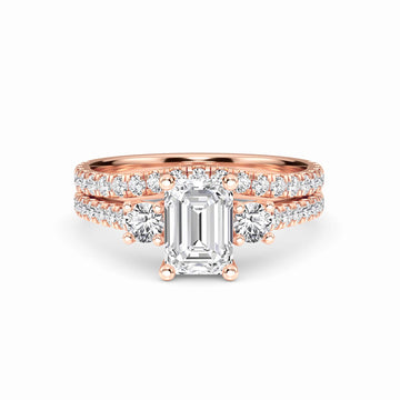 White Diamond Pave Bridal Set Three Stone Engagement Ring - Melissa