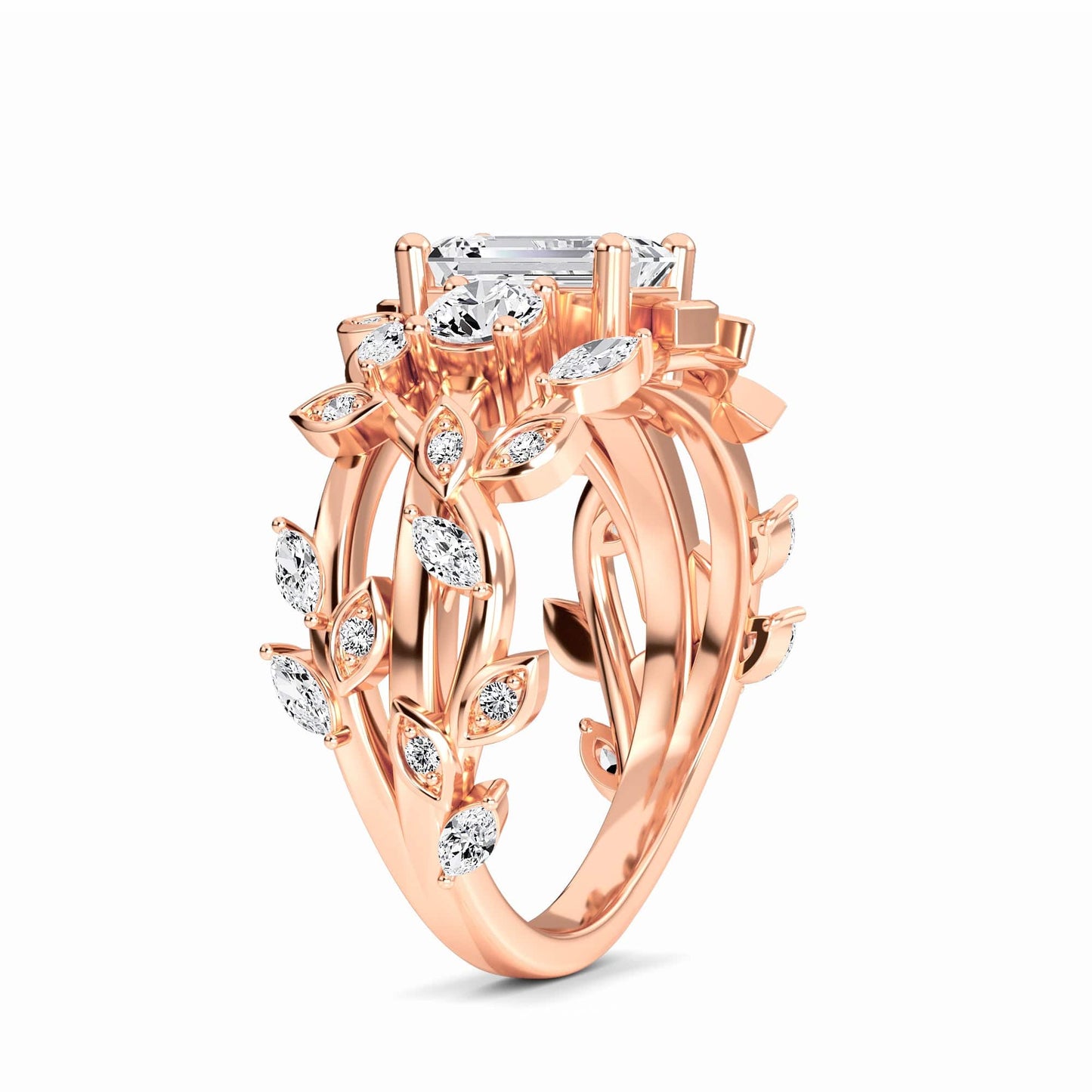 White Diamond Nature-Inspired Three-Stone Engagement Ring - Adelyn