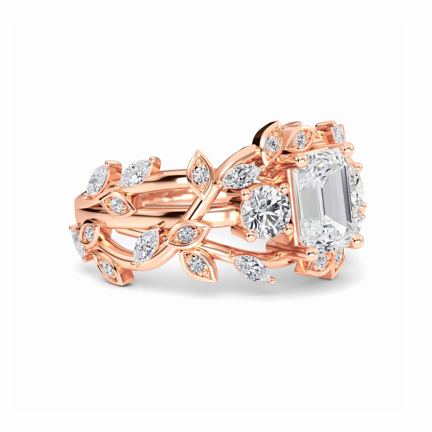 White Diamond Nature-Inspired Three-Stone Engagement Ring - Adelyn