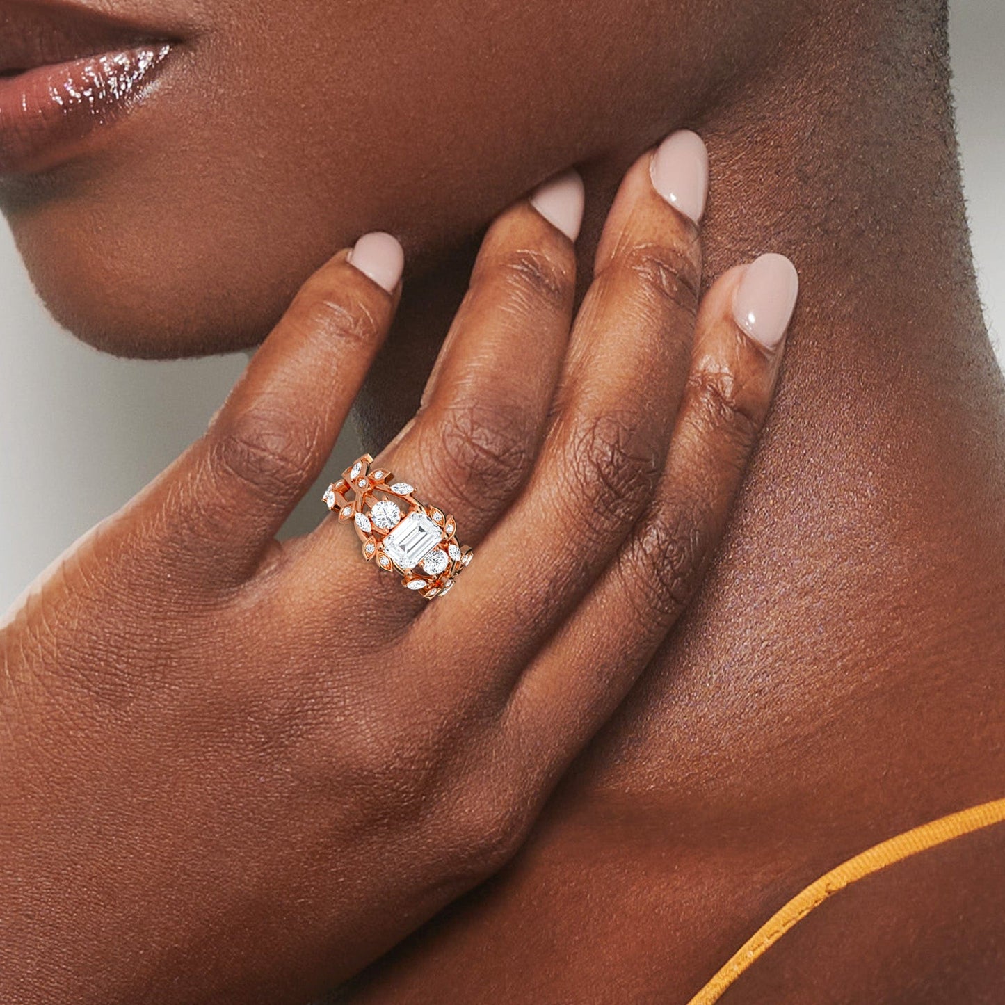 White Diamond Nature-Inspired Three-Stone Engagement Ring - Adelyn