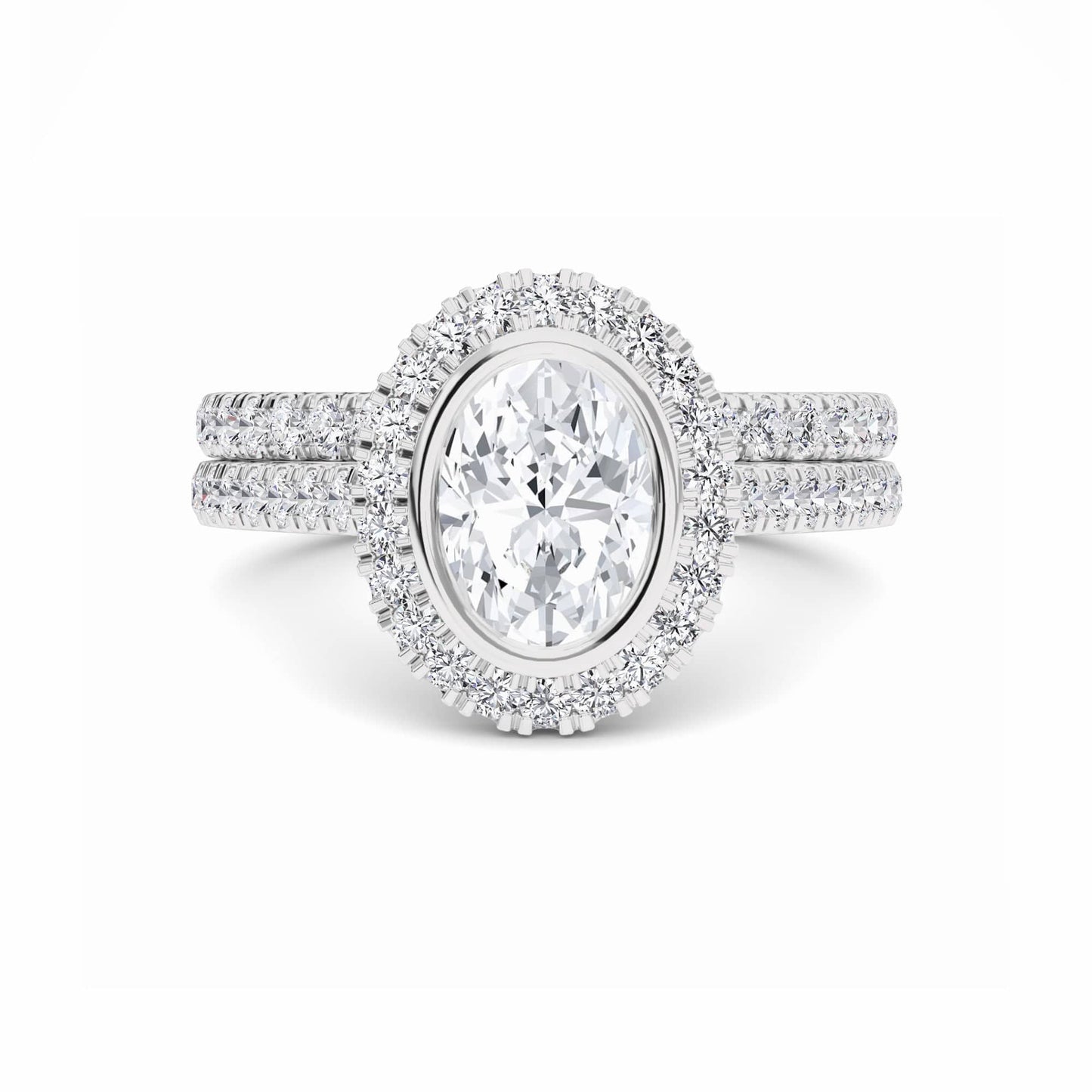 White Diamond Bezel Halo Bridal Ring Set Engagement Ring - Michaela