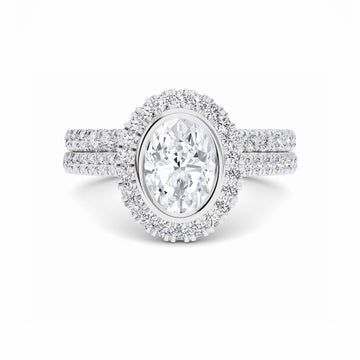 White Diamond Bezel Halo Bridal Ring Set Engagement Ring - Michaela