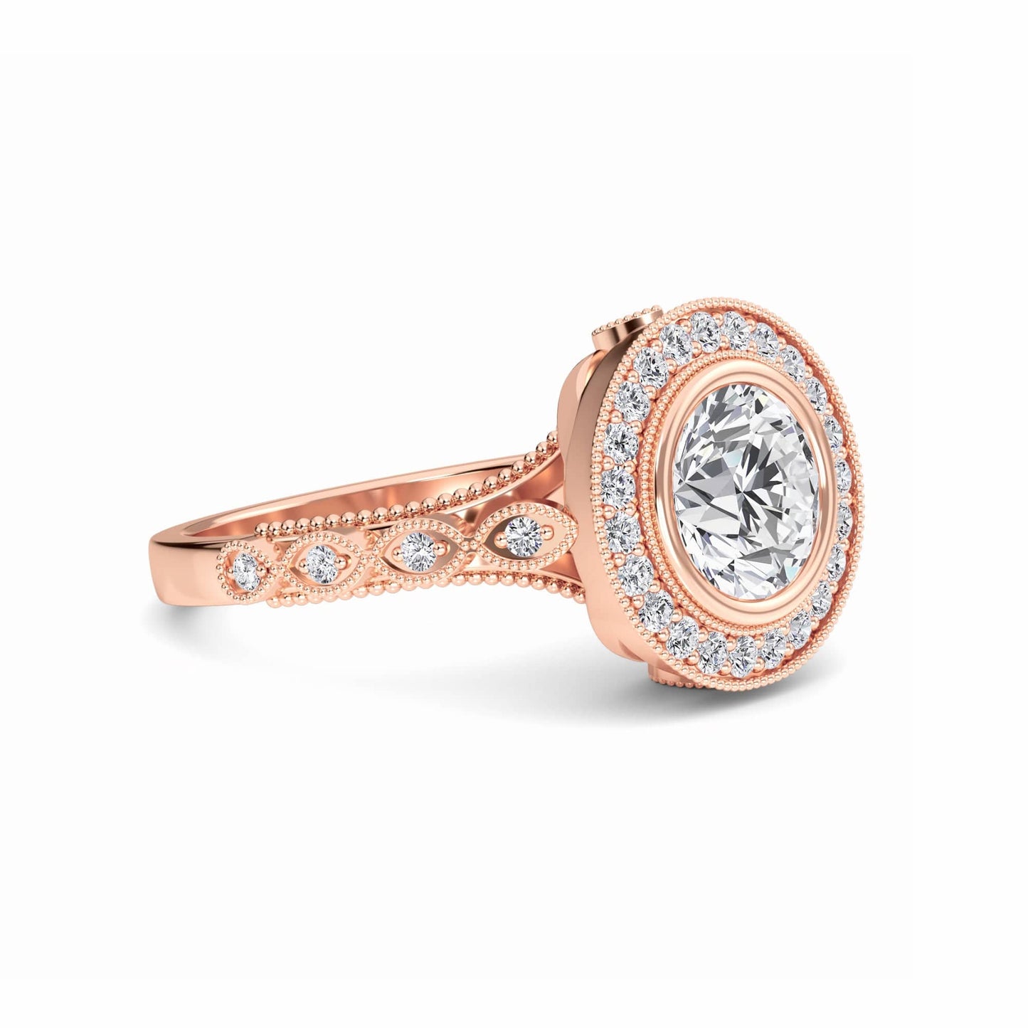 White Diamond Vintage-Inspired Milgrain Halo Engagement Ring - Elodie