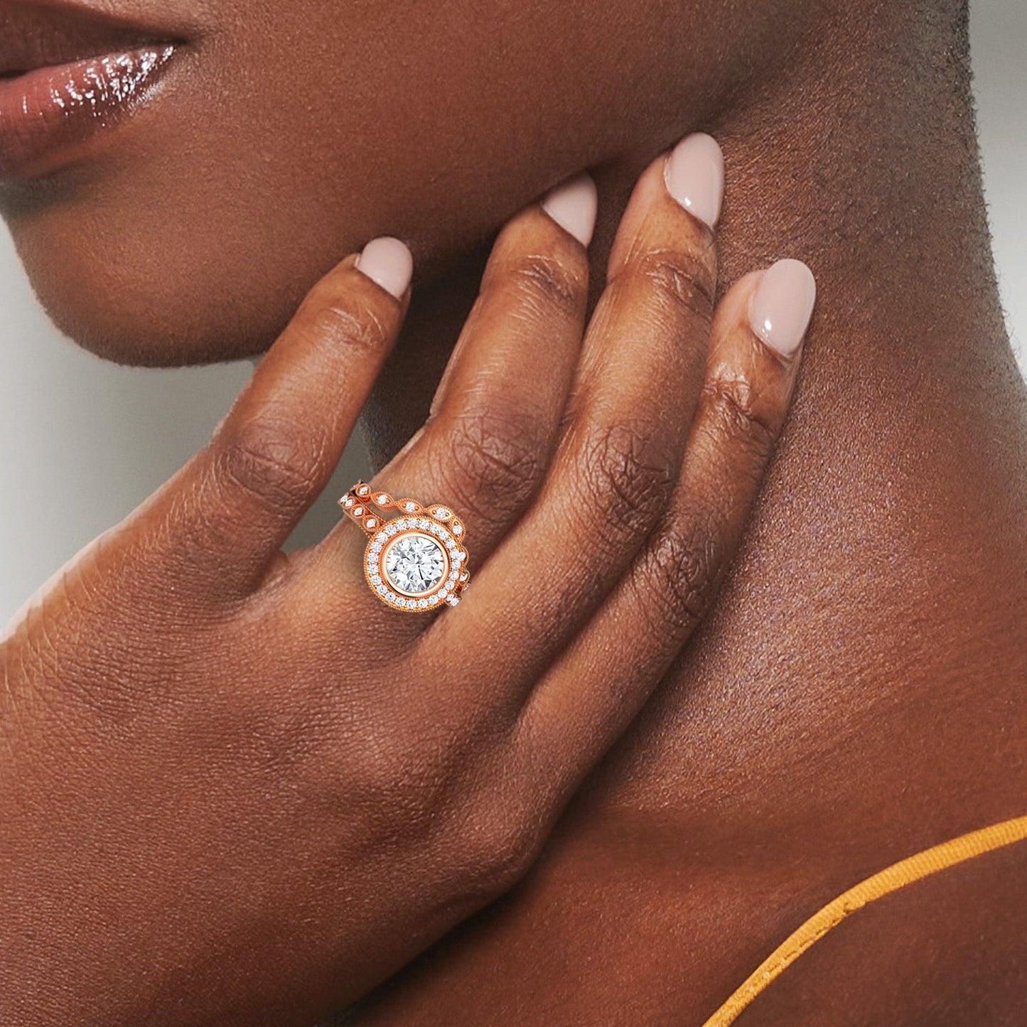 White Diamond Vintage Halo Bridal Set Engagement Ring - Joanna