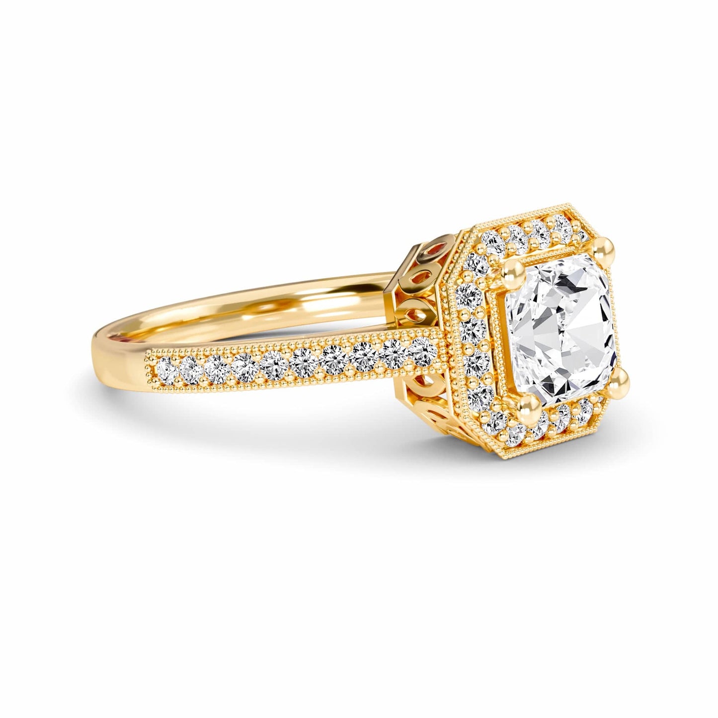 White Diamond Halo Vintage Milgrain Engagement Ring - Celine