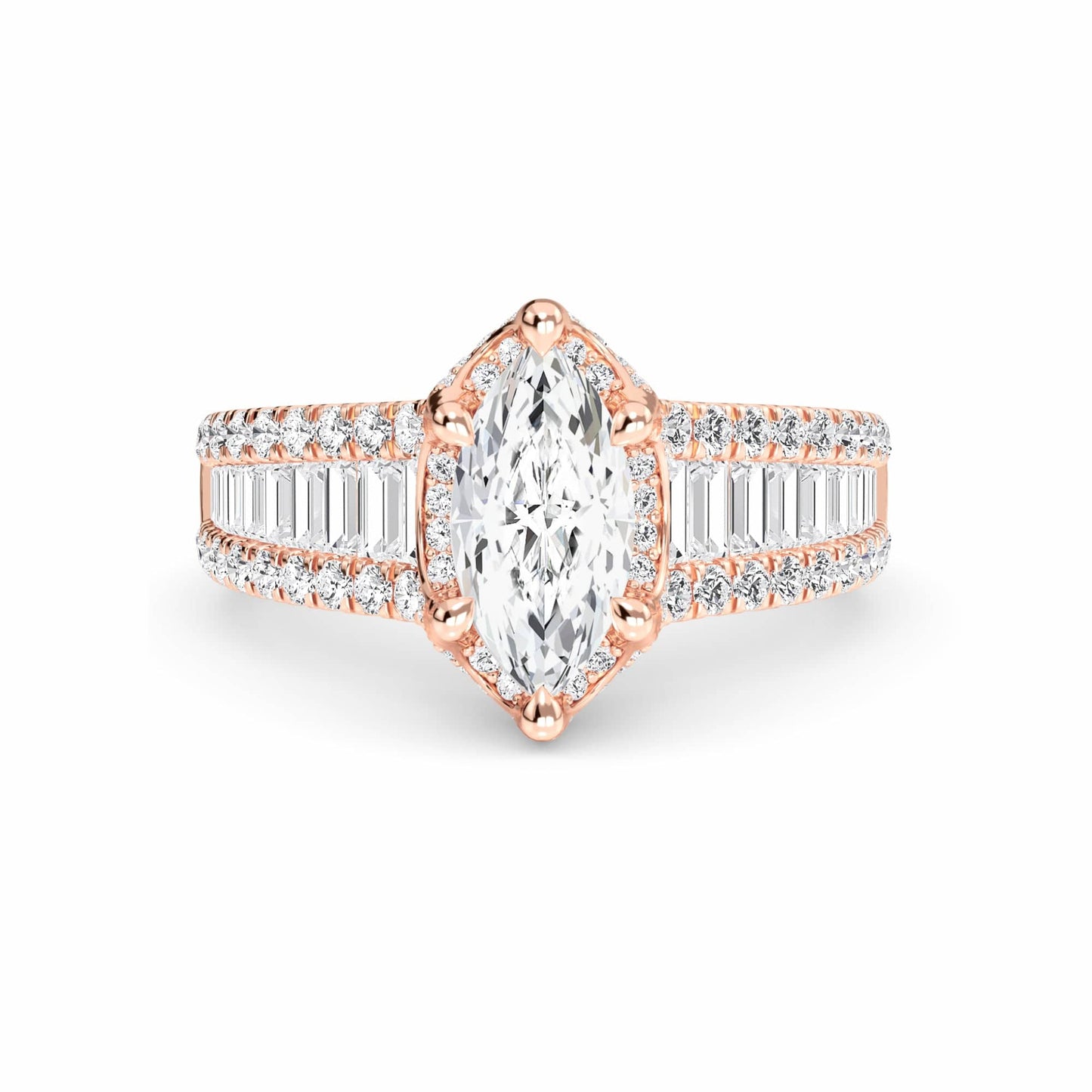White Diamond Baguette Bar Accents Halo Engagement Ring - Sabine
