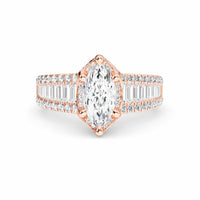 White Diamond Baguette Bar Accents Halo Engagement Ring - Sabine