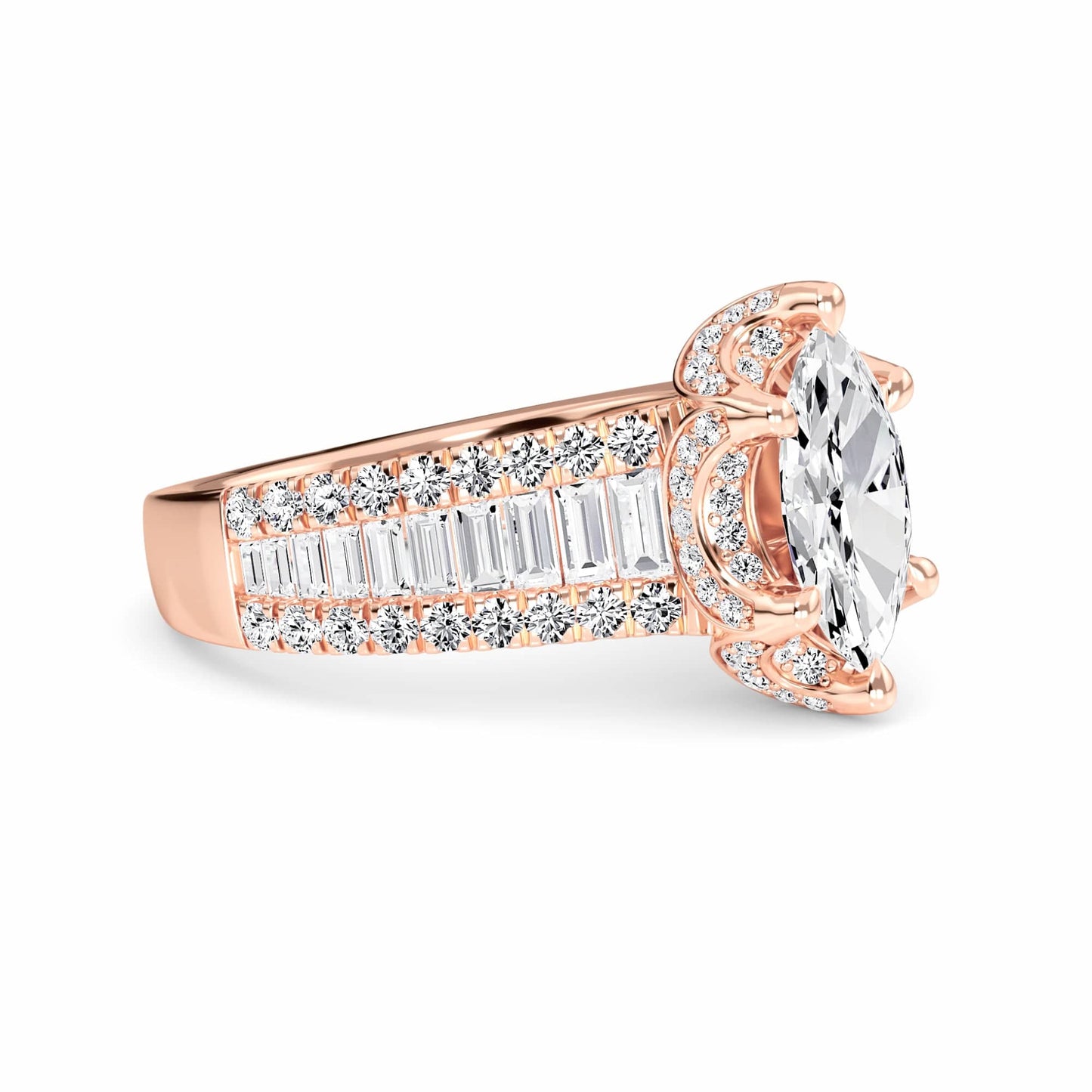 White Diamond Baguette Bar Accents Halo Engagement Ring - Sabine