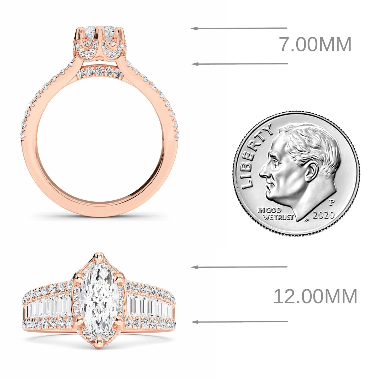 White Diamond Baguette Bar Accents Halo Engagement Ring - Sabine