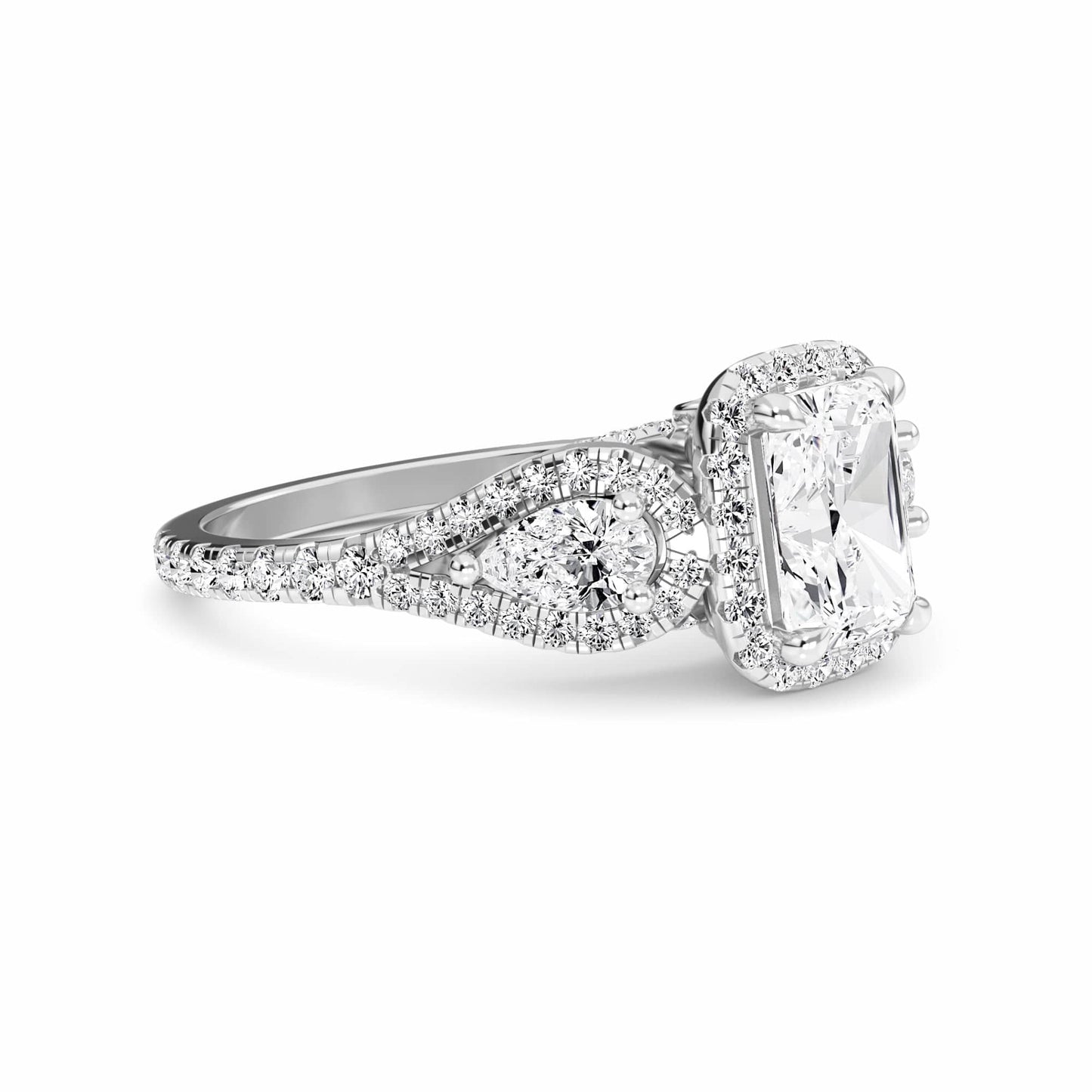 White Diamond Three-Stone Halo Engagement Ring - Hadleigh