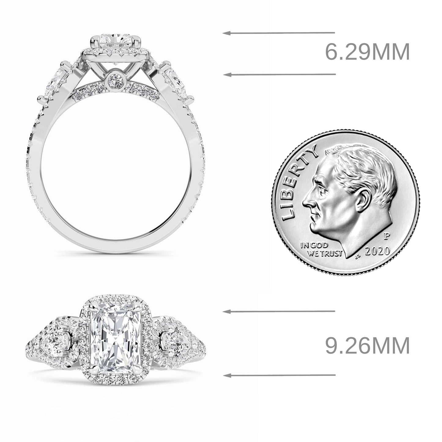 White Diamond Three-Stone Halo Engagement Ring - Hadleigh