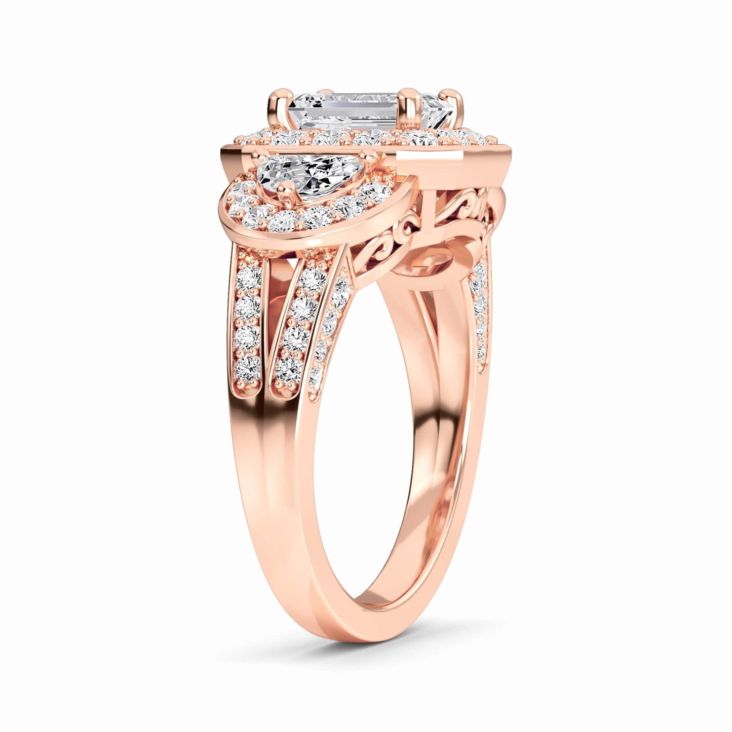 White Diamond Three-Stone Halo Engagement Ring - Journey