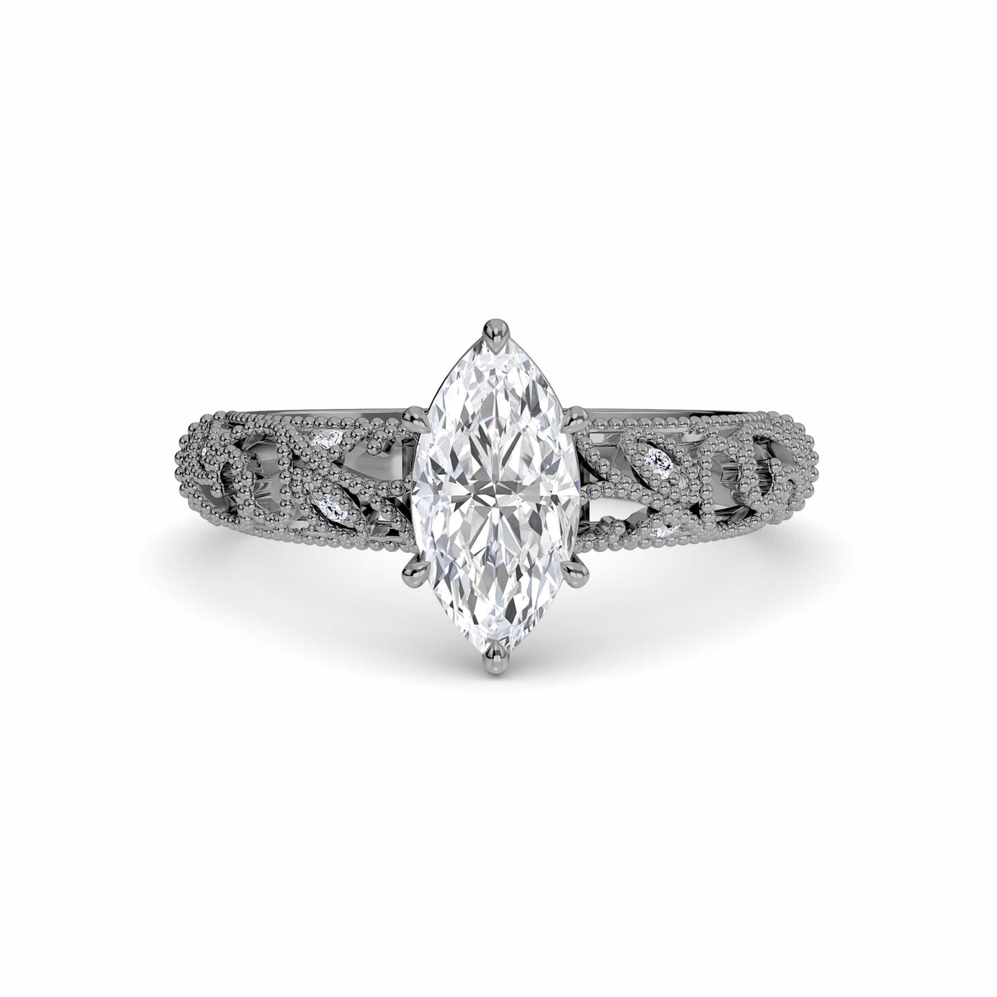 White Diamond Elowen Vintage Leaf-Inspired Engagement Ring - Nevaeh