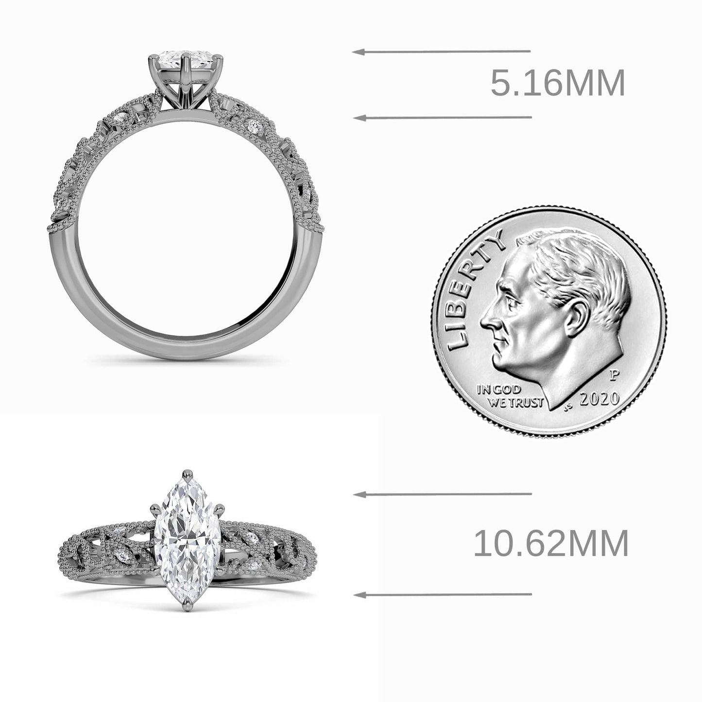 White Diamond Elowen Vintage Leaf-Inspired Engagement Ring - Nevaeh