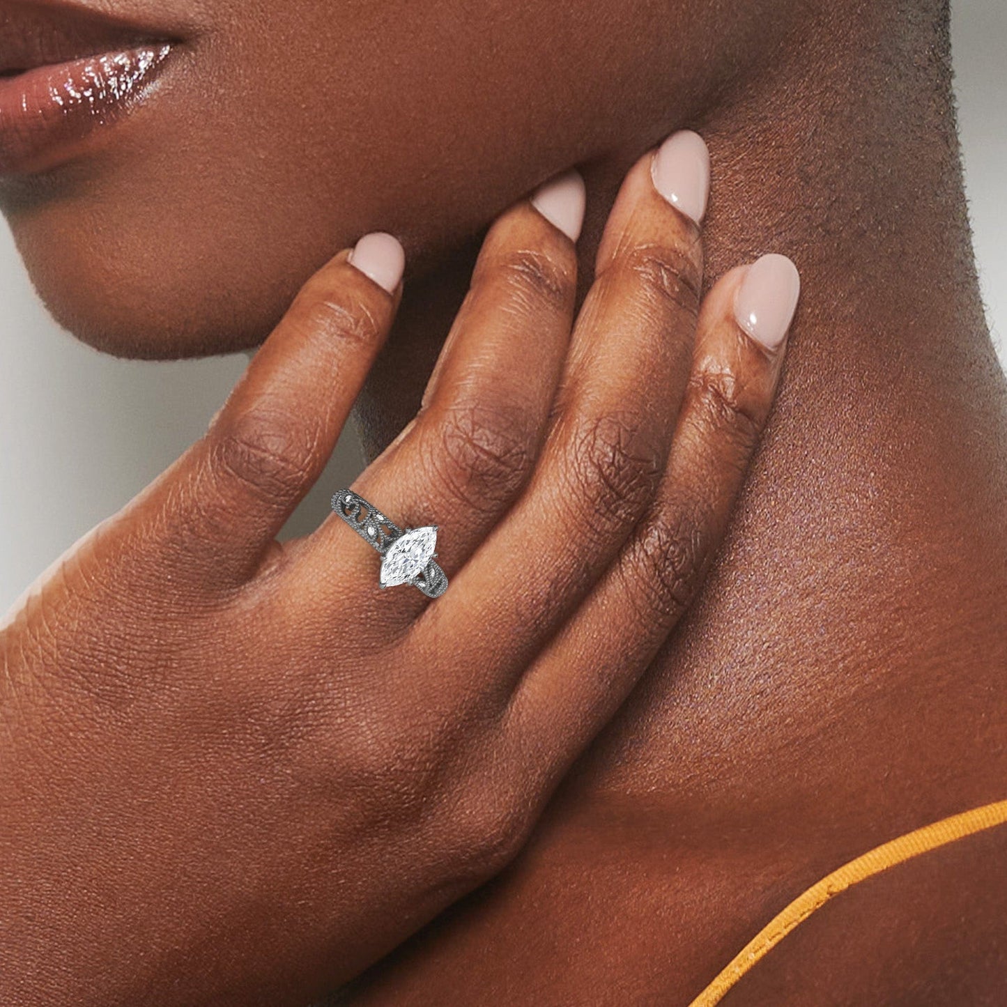 White Diamond Elowen Vintage Leaf-Inspired Engagement Ring - Nevaeh