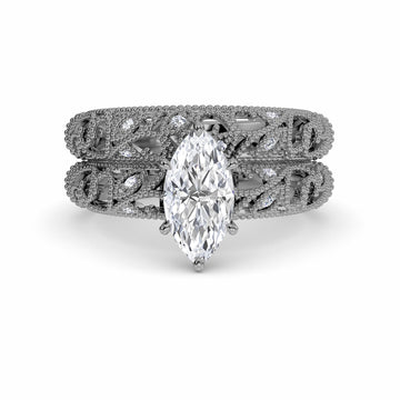 White Diamond Vintage Leaf-Inspired Bridal Engagement Ring - Marianne