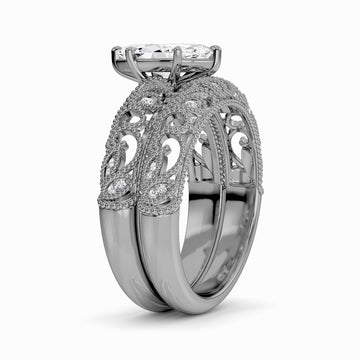 White Diamond Vintage Leaf-Inspired Bridal Engagement Ring - Marianne