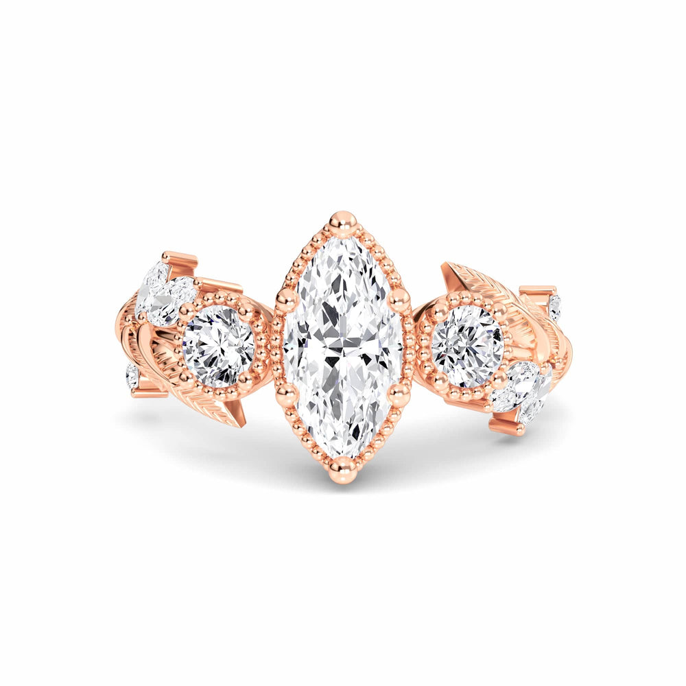 White Diamond Leaf Scroll Celestia Vintage Three-Stone Engagement Ring