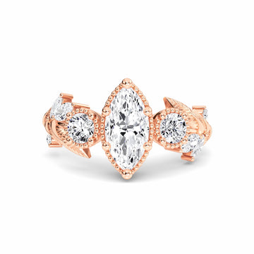 White Diamond Leaf Scroll Celestia Vintage Three-Stone Engagement Ring - Katherine