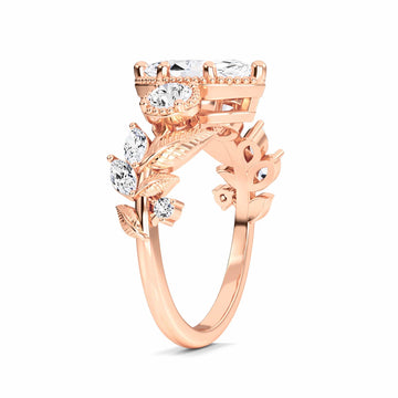 White Diamond Leaf Scroll Celestia Vintage Three-Stone Engagement Ring - Katherine