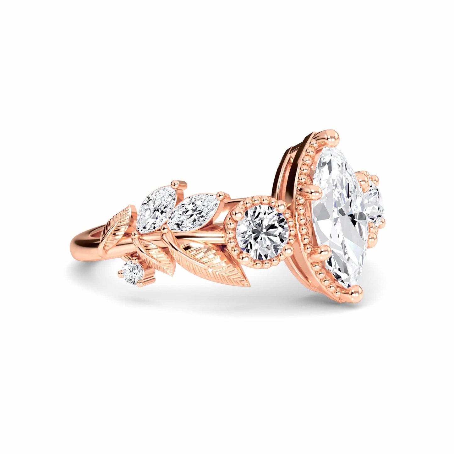 White Diamond Leaf Scroll Celestia Vintage Three-Stone Engagement Ring - Katherine