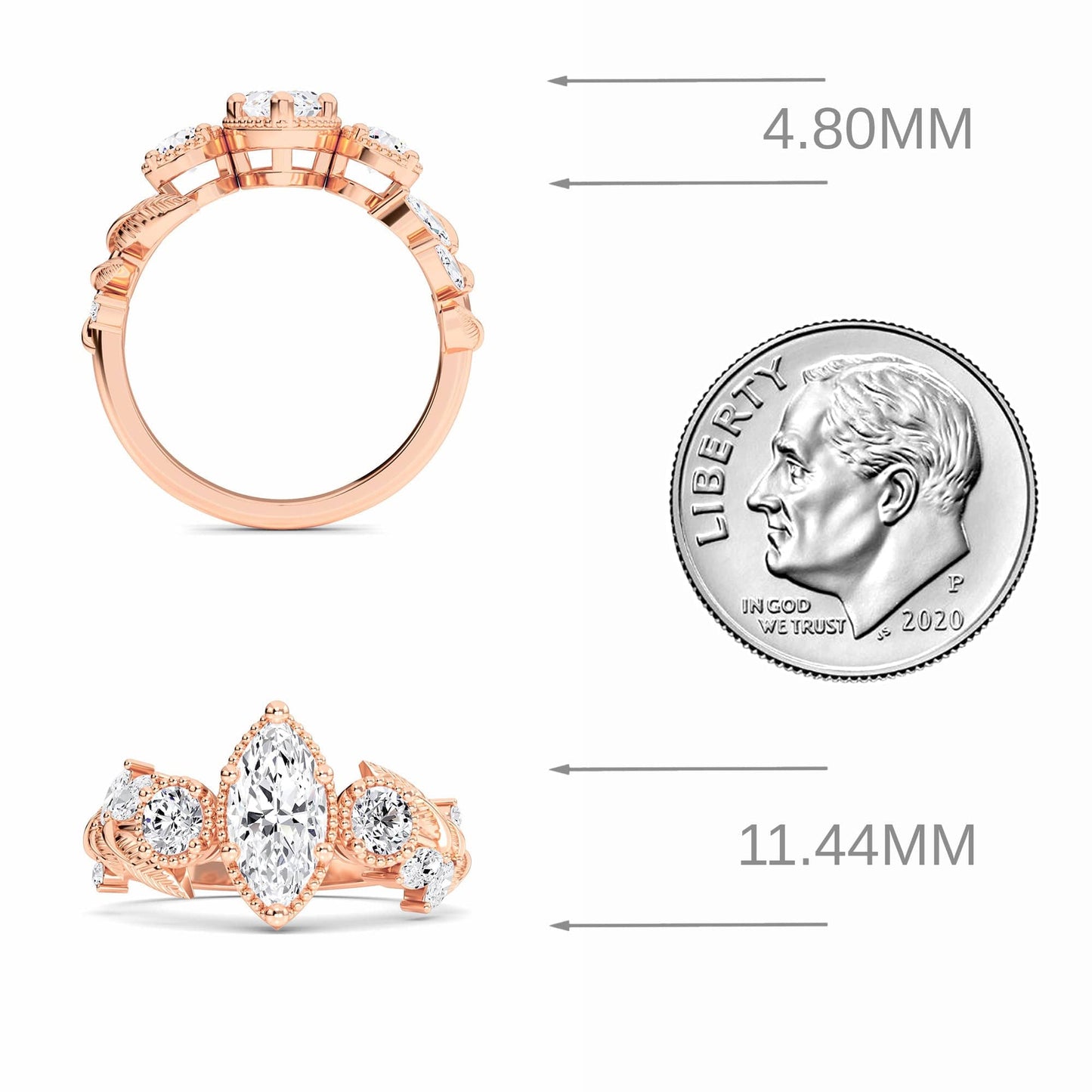 White Diamond Leaf Scroll Celestia Vintage Three-Stone Engagement Ring - Katherine